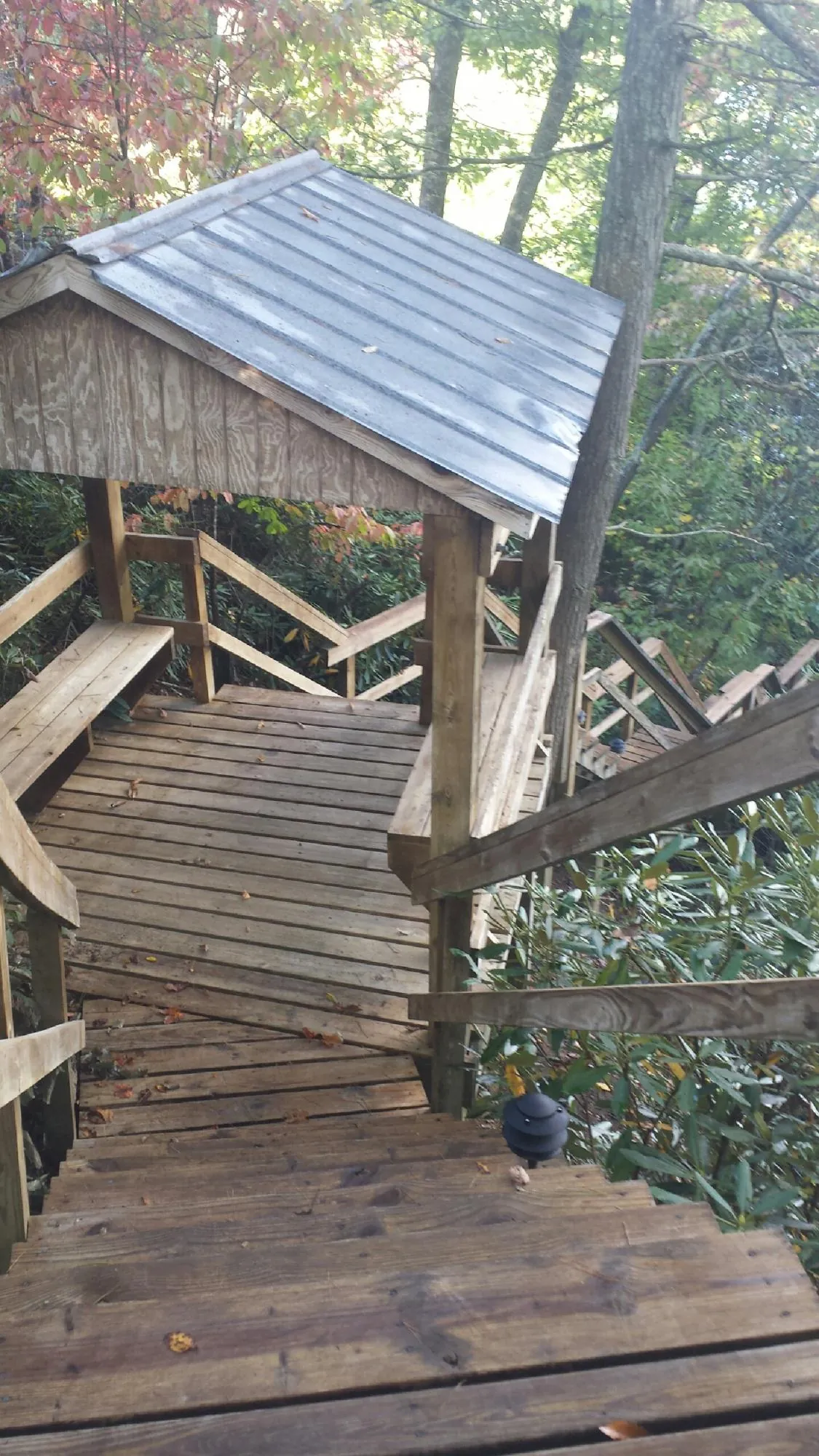 Metal roofed shelter over wooden steps on a wooded walkway — Skylight Repair & Installation work by our crew in East Sparta